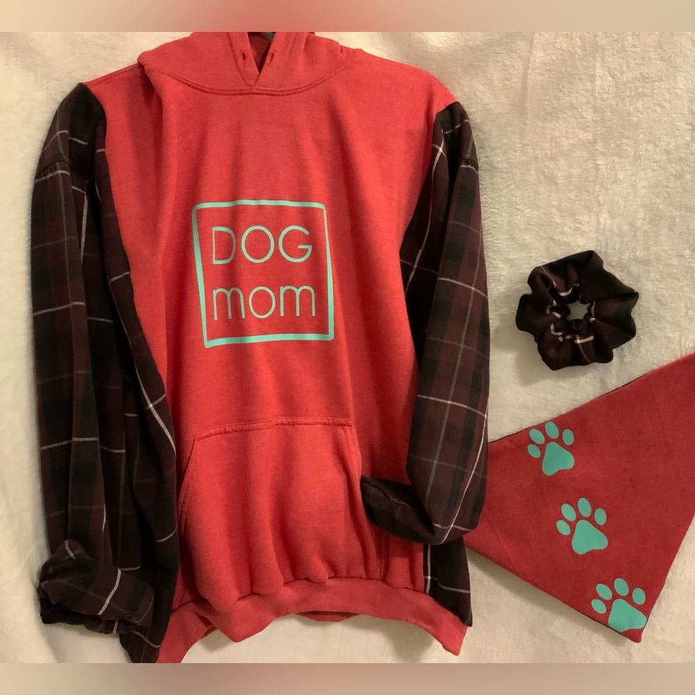 Mom Hoodie / Flannel with Scrunchie and matching Dog Collar Bandana